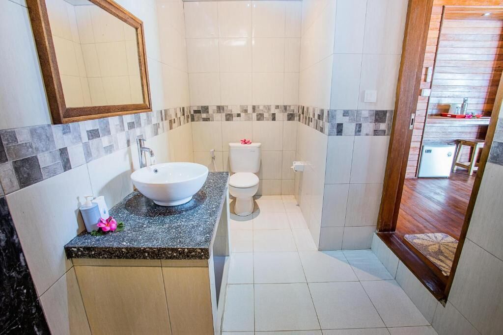 A bathroom with a large white sink, a toilet, and a mirror.