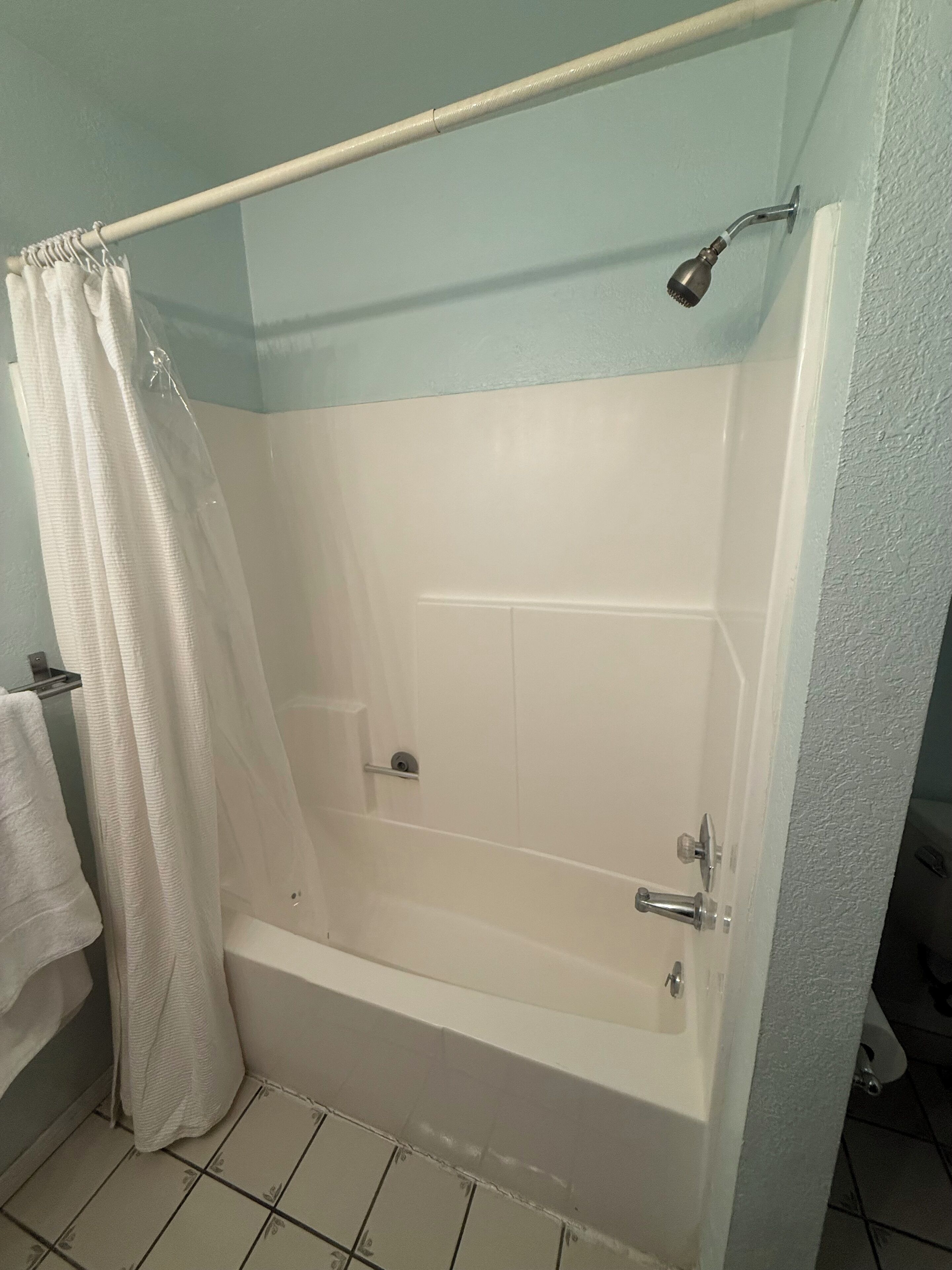 Ein Badezimmer mit einer Badewanne, einer Dusche und einem Vorhang.