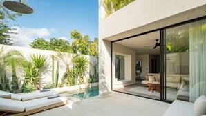 Un espace de vie extérieur moderne doté d’une piscine, de chaises longues et d’une porte vitrée donnant sur un salon avec un canapé et une table basse.