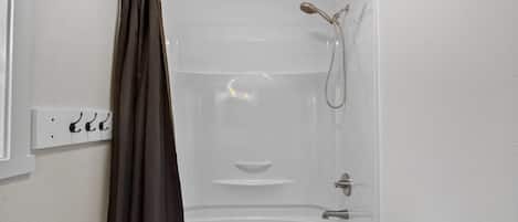 Hair dryer, towels, soap, toilet paper