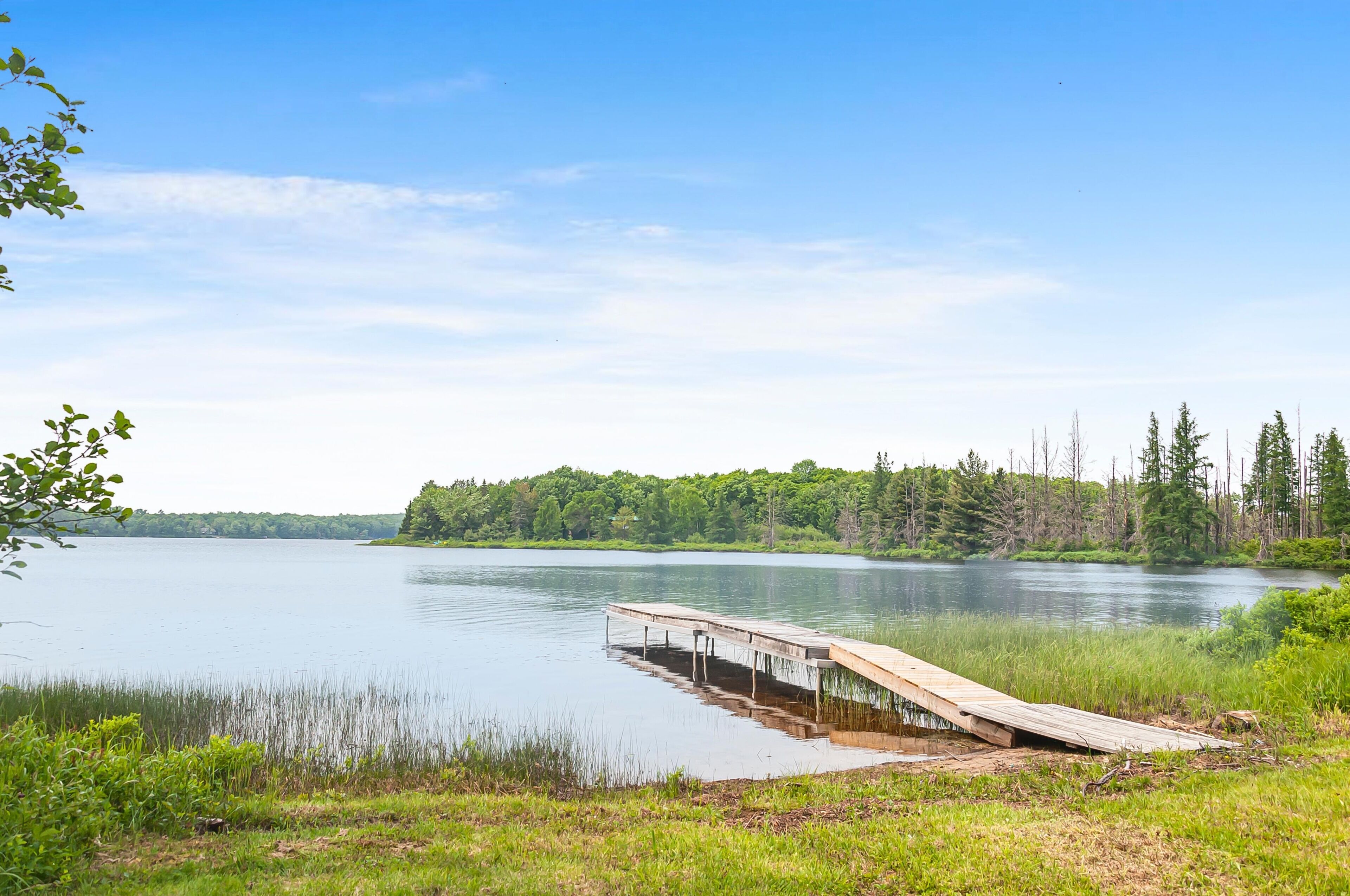 Un muelle de madera se adentra en un lago tranquilo rodeado de un bosque denso.