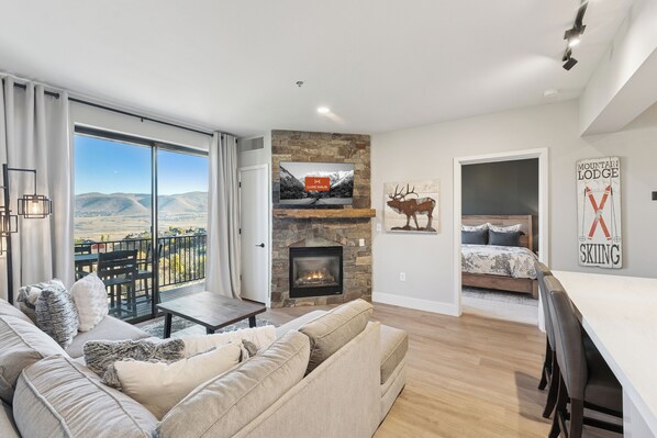 Smart TV, fireplace, books