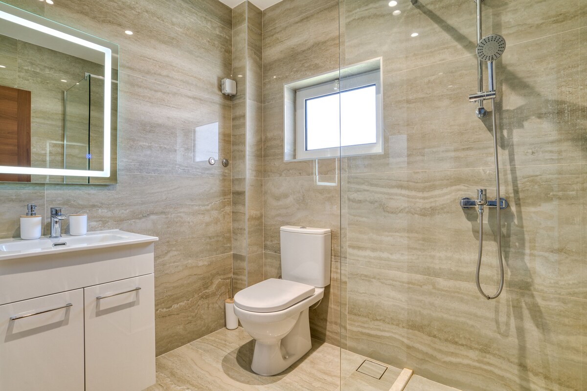 A modern bathroom with a marble wall, a glass-enclosed shower, a toilet, and a vanity with a mirror.