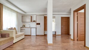A spacious living area with a sofa, a small kitchenette, and a wooden floor. - Aqua Lounge Aparthotel Ulcinj (Ulcinj)