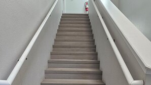 Uma escadaria com degraus de madeira e corrimãos brancos, levando a uma porta no topo.