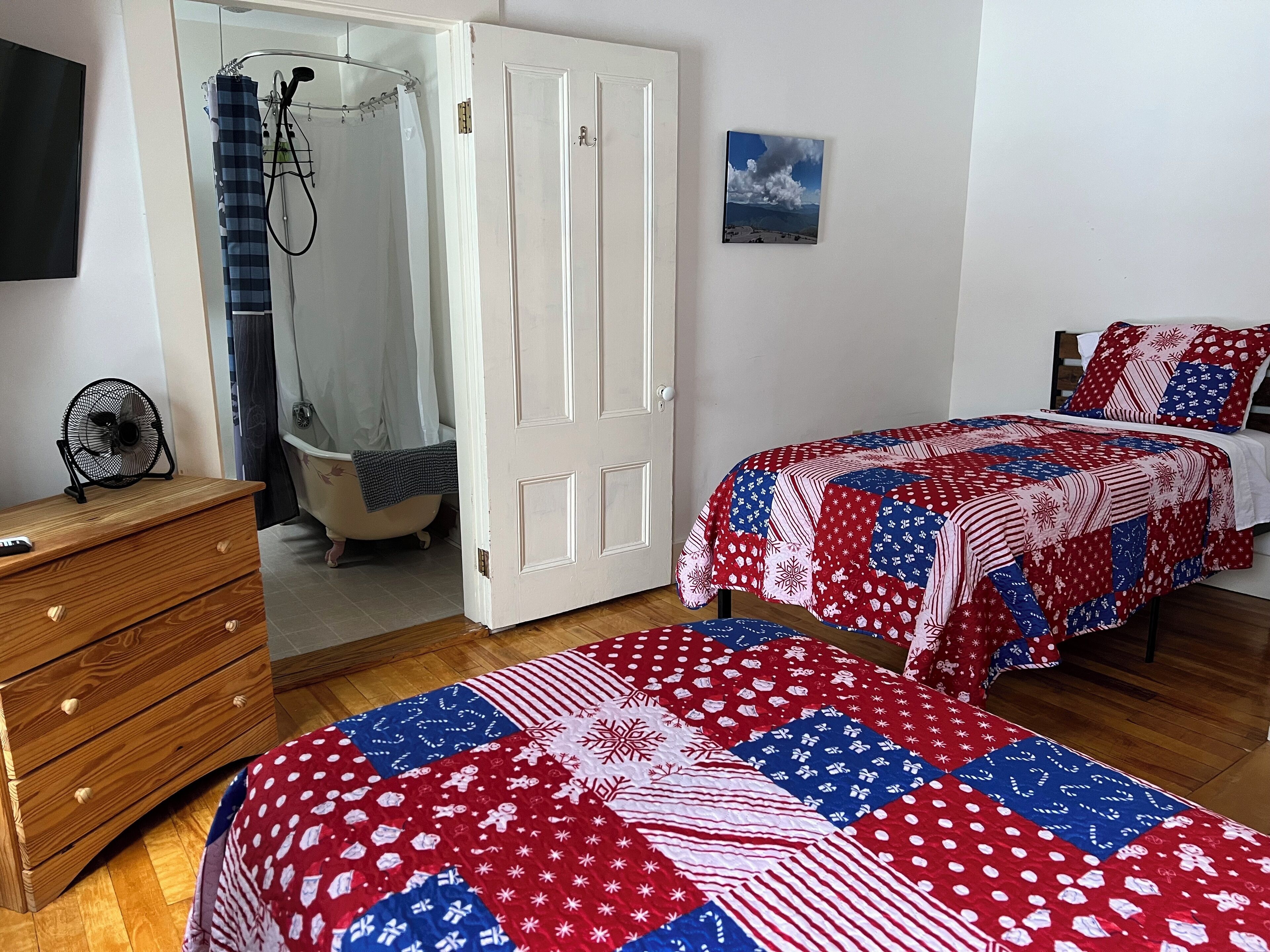 Una camera da letto con un comò in legno, un letto con coperta rossa e blu, una porta bianca, un angolo doccia e un piccolo quadro appeso al muro.