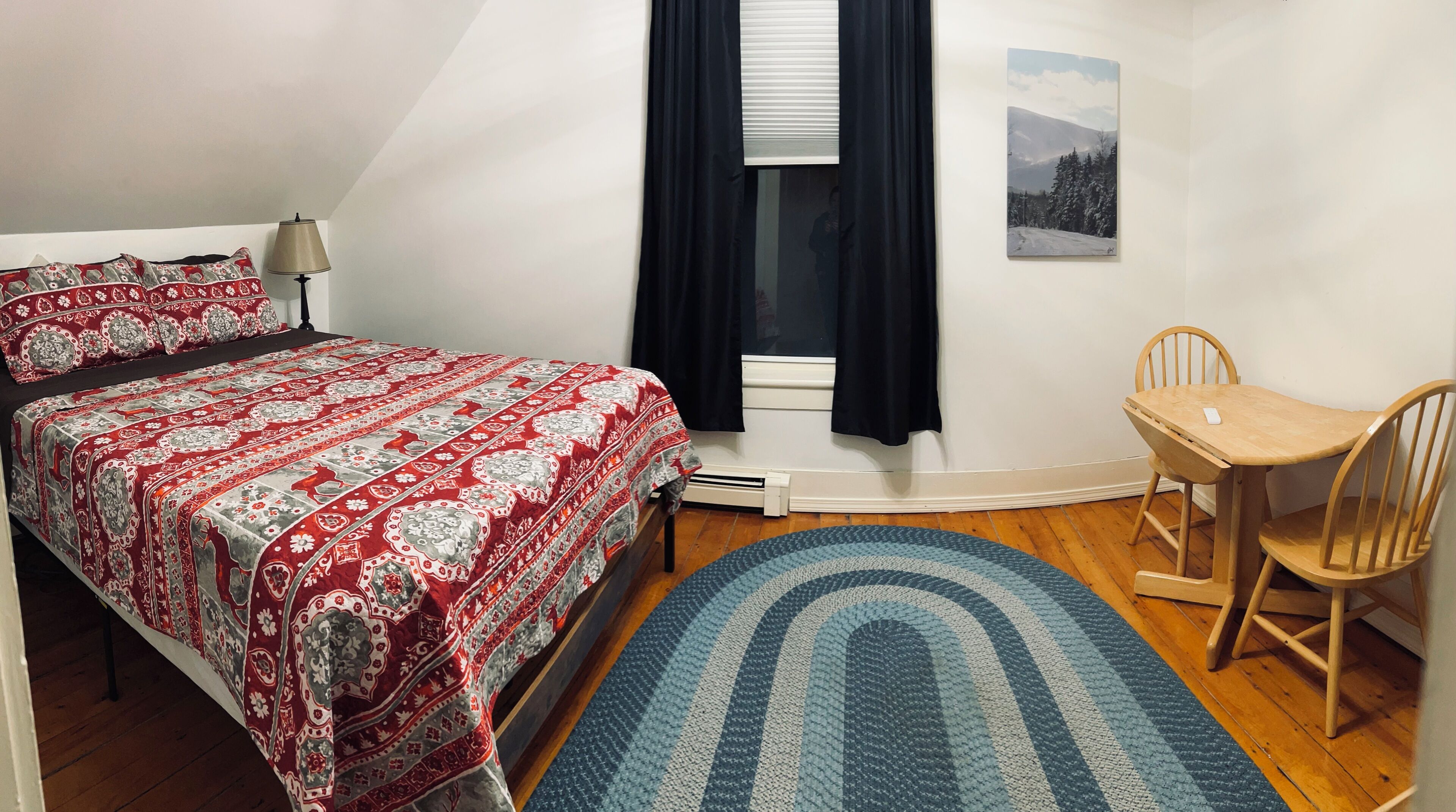 A bedroom with a bed, a desk, a chair, a window with curtains, a radiator, and a painting on the wall.