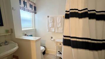 A bathroom with a sink, toilet, and shower curtain.
