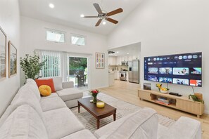 TV connectée, cheminée, livres