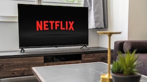 A modern living room with a flat-screen TV displaying the Netflix logo, a dark wooden coffee table, a small potted plant, and a gold lamp. - BELLE NEIGE 305 (Sapporo)