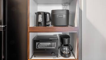 Fridge, microwave, stovetop, high chair