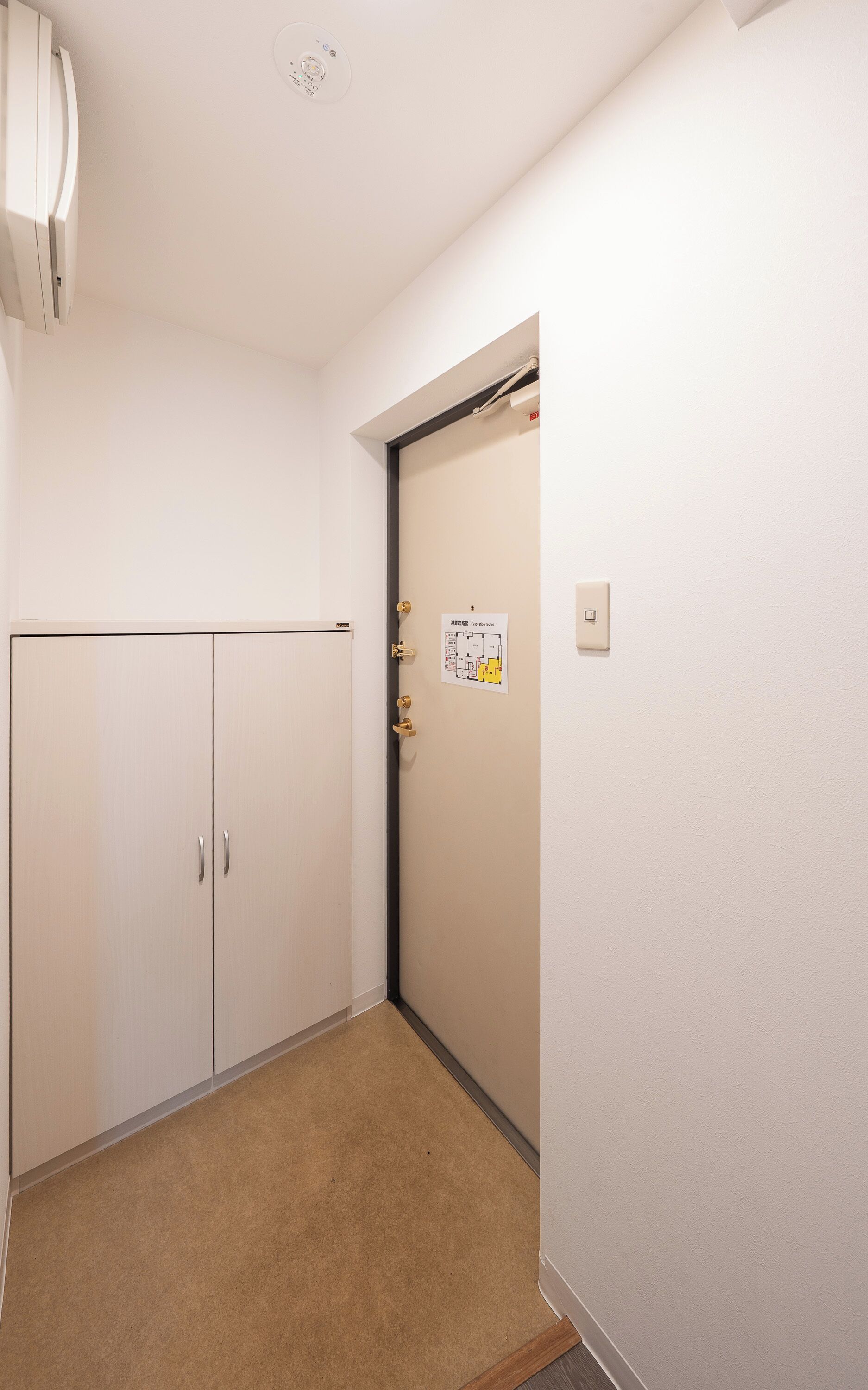 A hallway with a beige carpet, a white door with a brass handle, and a wall-mounted light fixture.