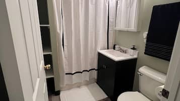 Hair dryer, towels, toilet paper