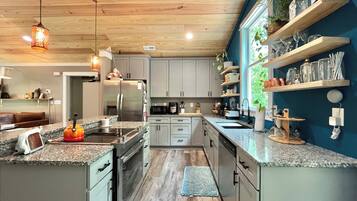 Een microgolfoven, een oven, een kookplaat, een vaatwasser