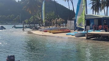 On the beach, sun-loungers, beach towels