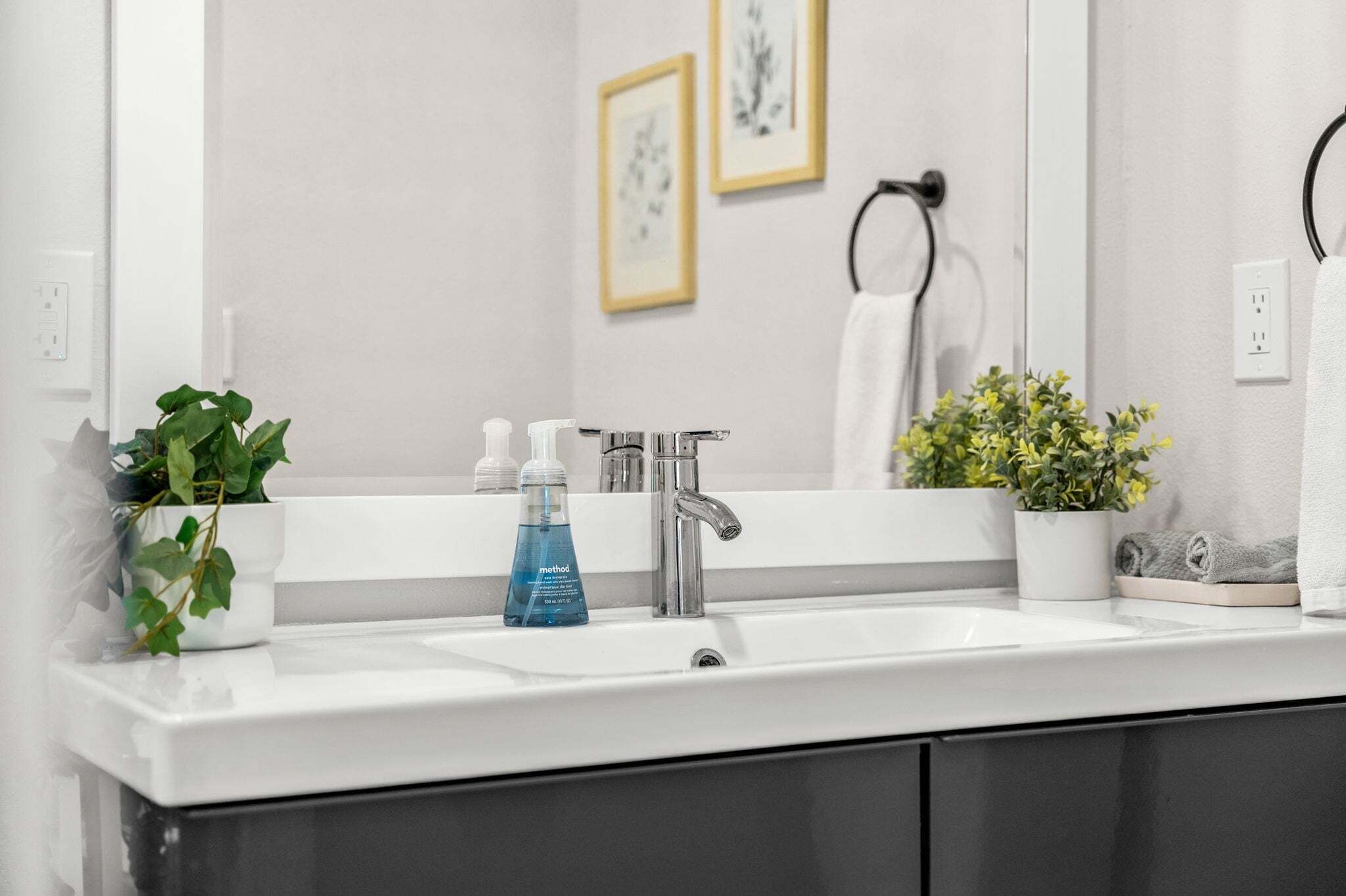 A bathroom with a white sink, a mirror, a towel rack, and two framed pictures on the wall.