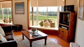 A living room with a large window, a wooden cabinet, and a television. - Bimbadgen Estate (Pokolbin)