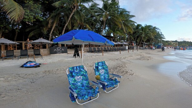 Una playa con sillas reclinables y sombrillas, palmeras y un letrero del Hotel Boutique Arca.