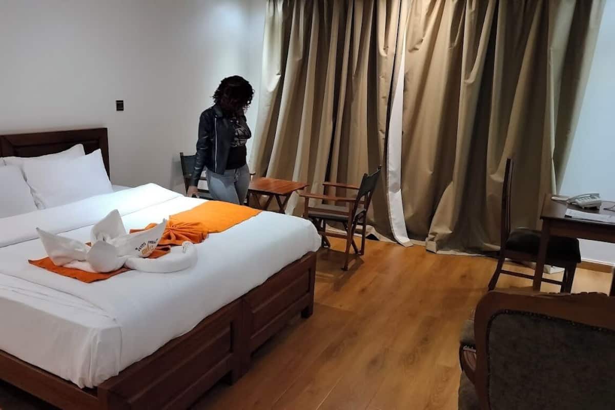 Una habitación de hotel con una cama de madera, un escritorio y una silla.