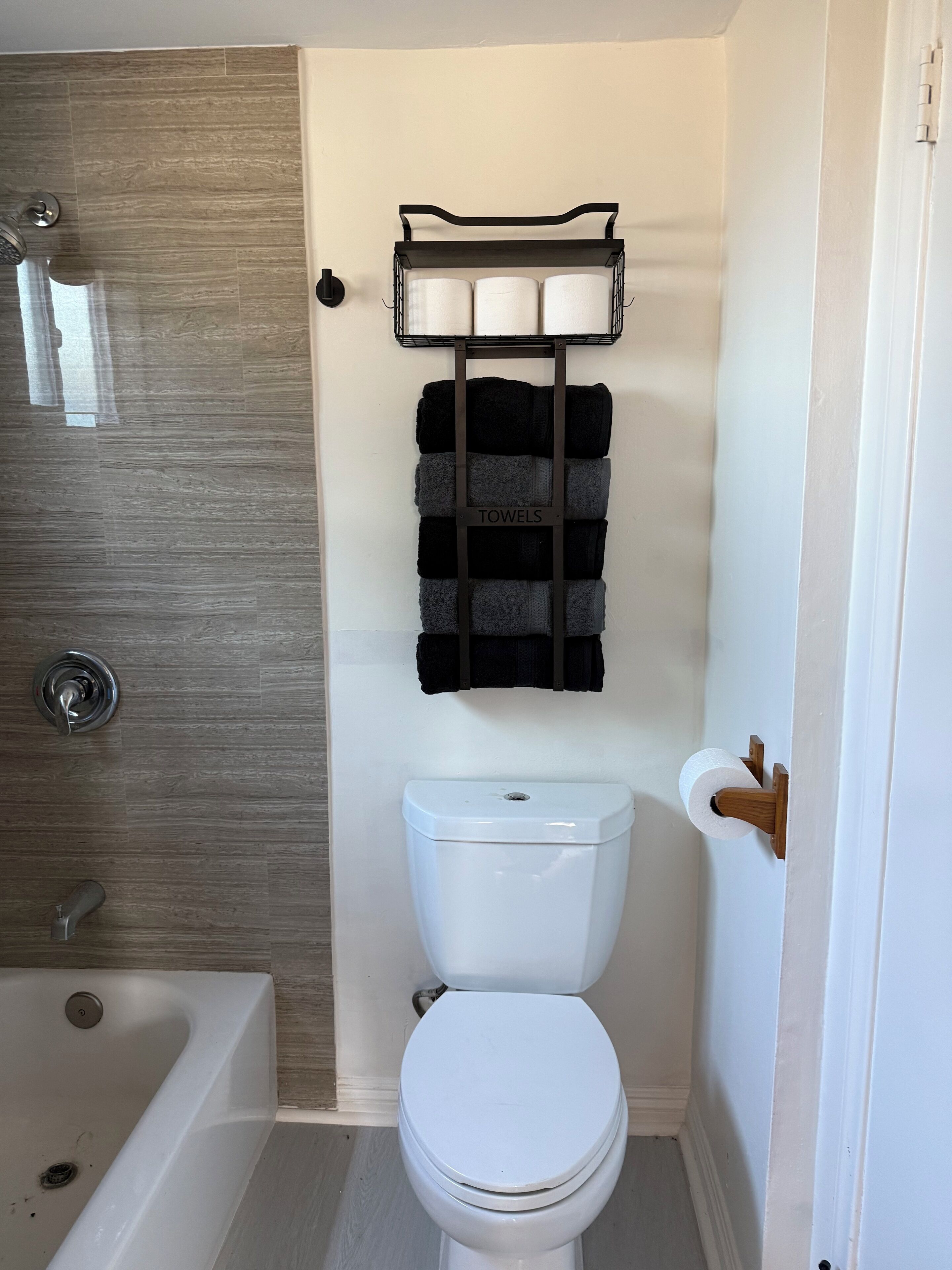 Hair dryer, towels, soap, toilet paper