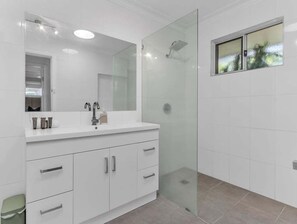 Hair dryer, towels, soap, shampoo
