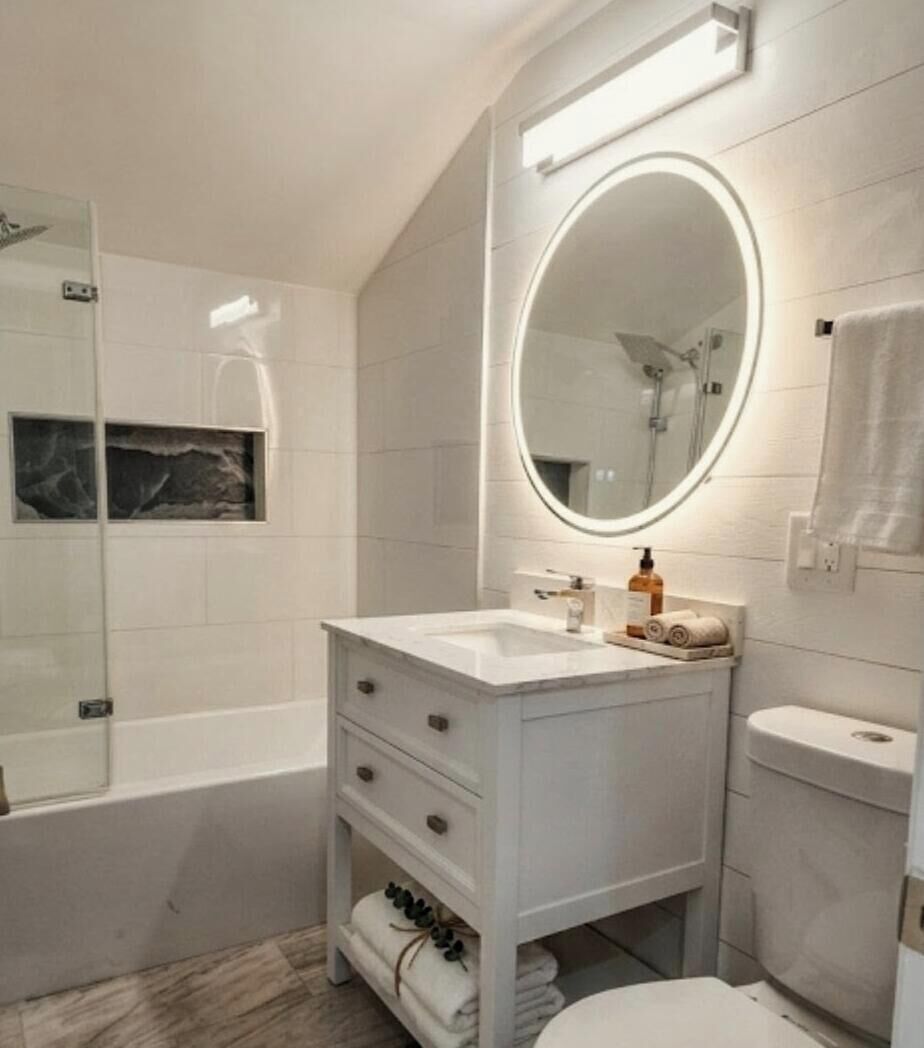Hair dryer, towels, soap, toilet paper