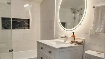 Hair dryer, towels, soap, toilet paper