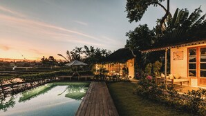 Une terrasse en bois mène à une piscine entourée d’une végétation luxuriante, et à une maison dotée de grandes fenêtres.