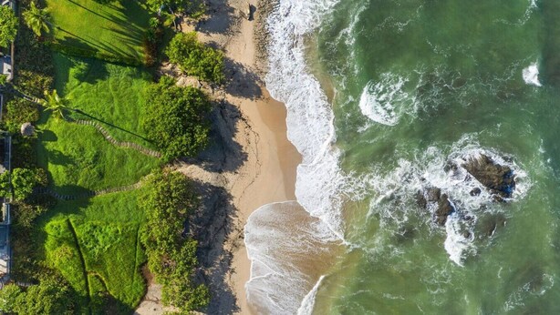 Luchtbeeld van een strand met een zandstrand, groene begroeiing en golven die op het strand breken.