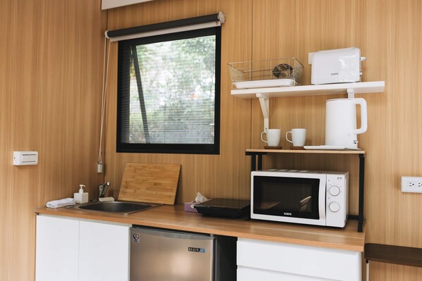 Fridge, microwave, stovetop, electric kettle