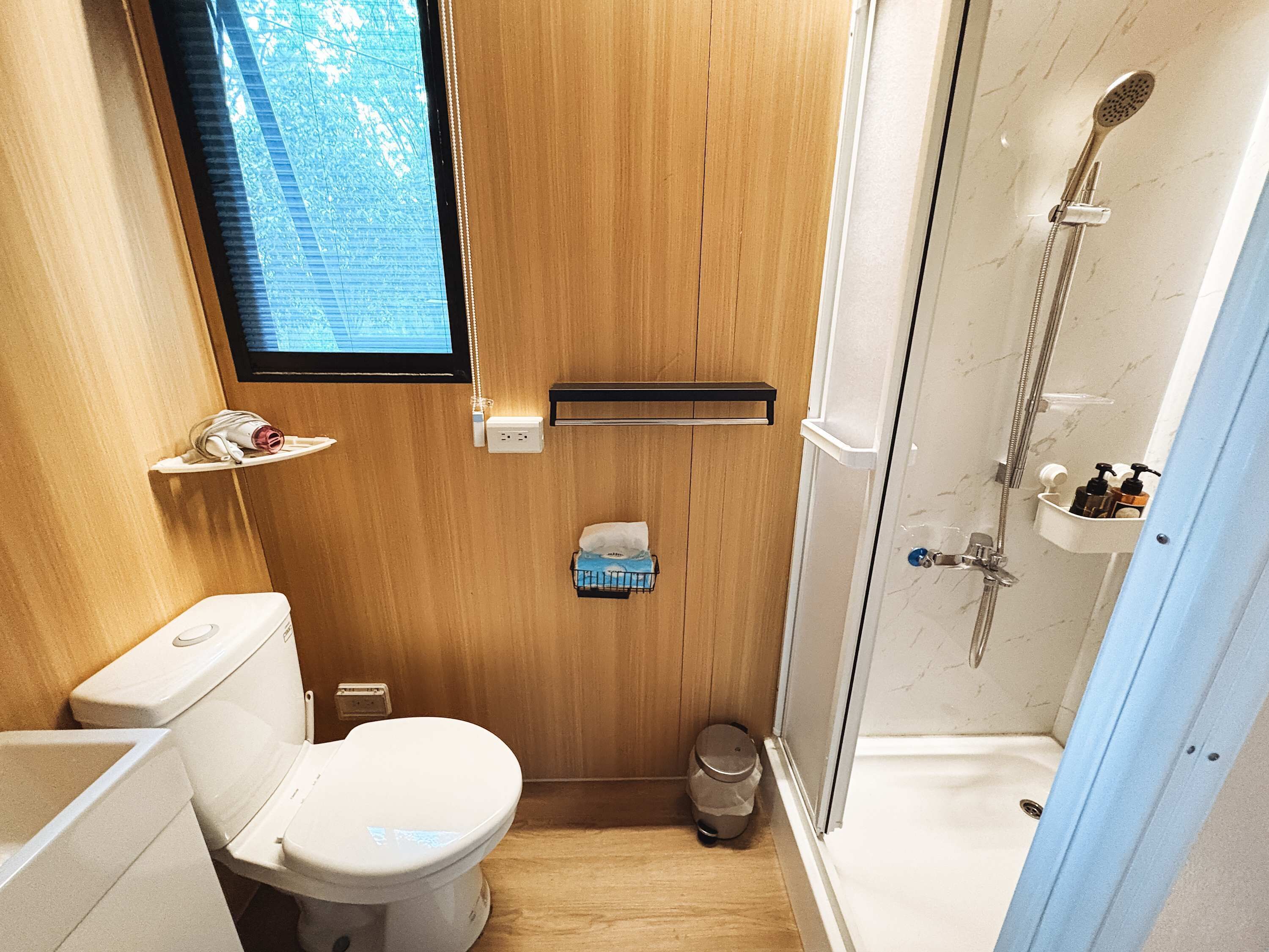 Shower, hair dryer, towels, shampoo