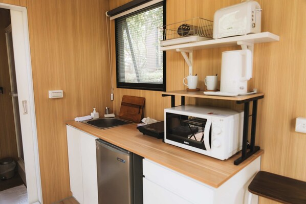 Fridge, microwave, stovetop, electric kettle