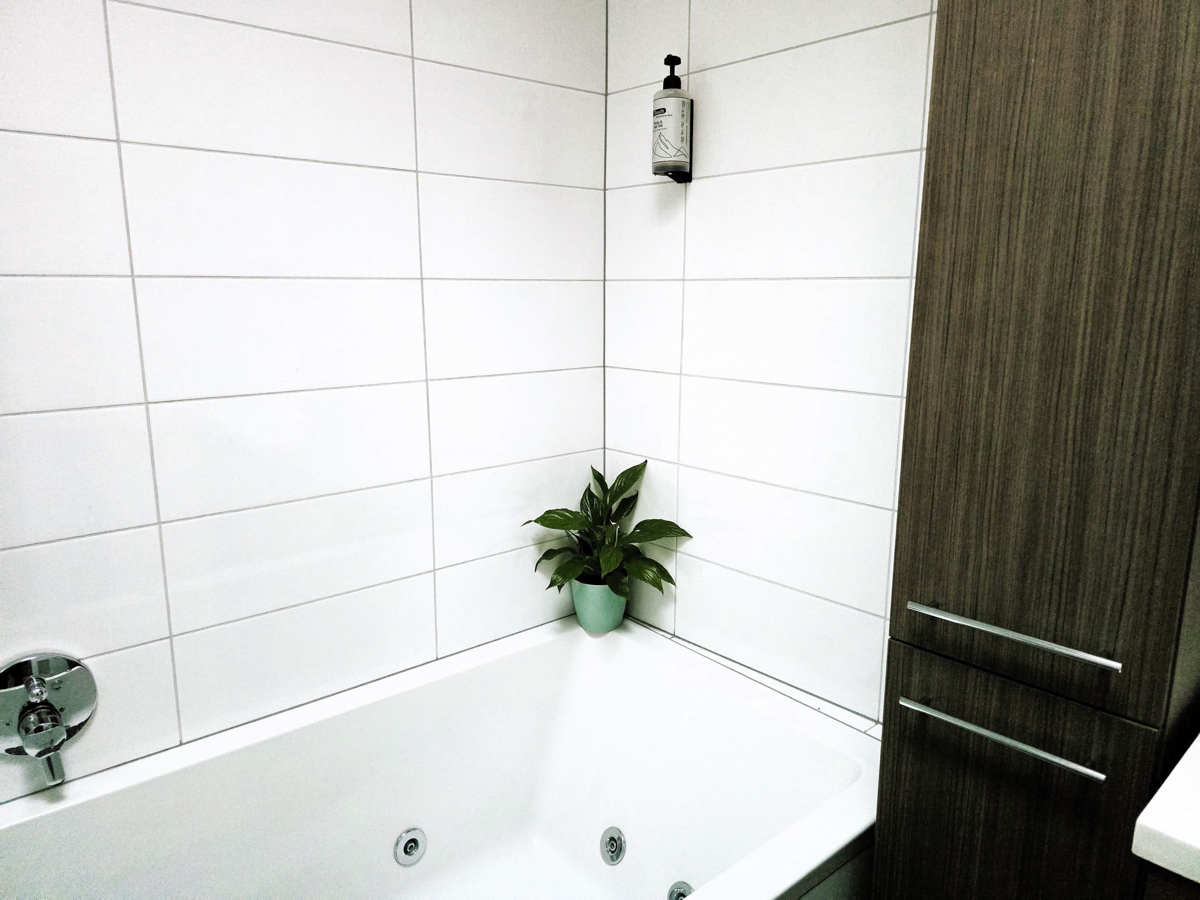 Un baño con azulejos blancos, una bañera, una planta verde y un dispensador de jabón.