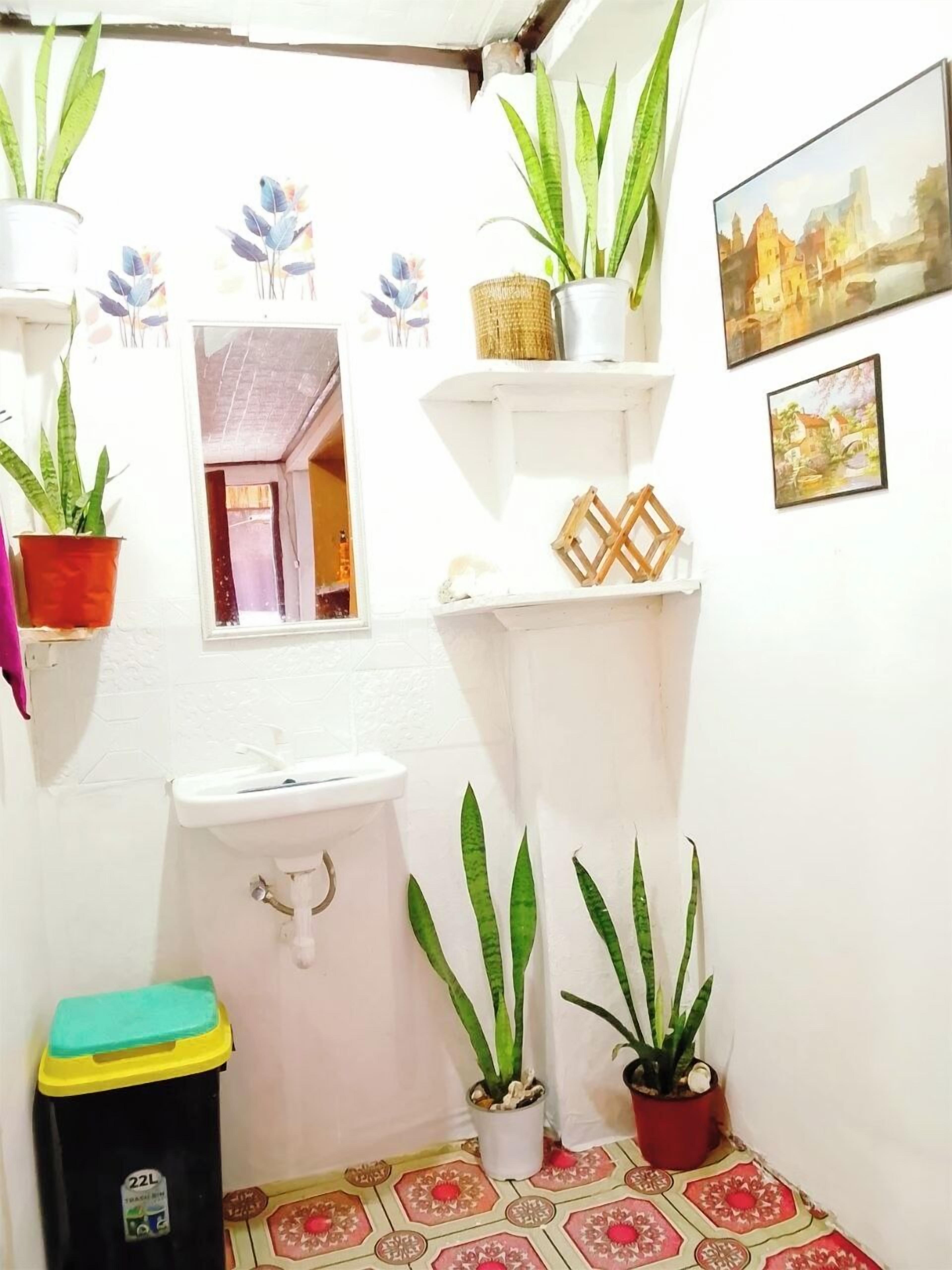 A narrow bathroom with a white sink, a toilet, and a trash bin. There are several potted plants and a small shelf with a woven basket.