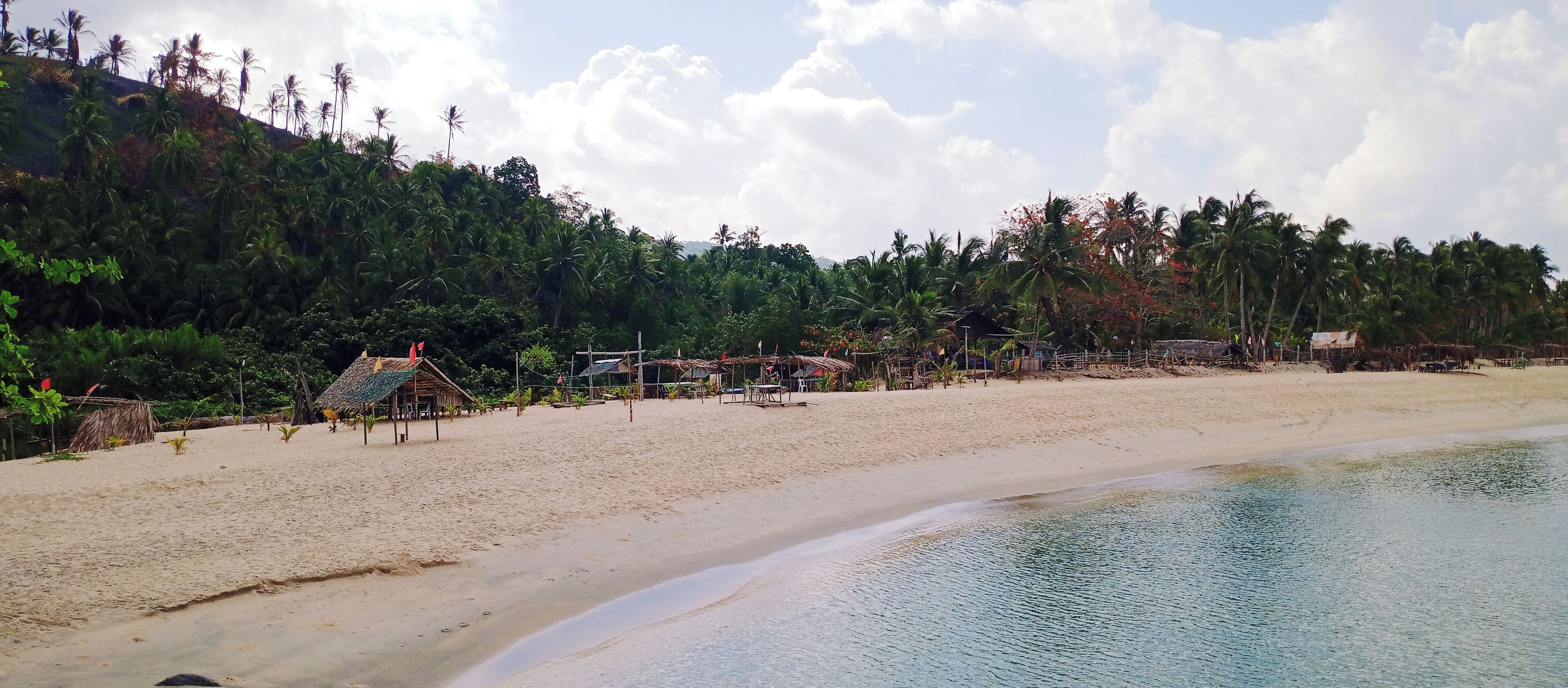 A beach with clear water, sandy shore, and thatched-roof huts.