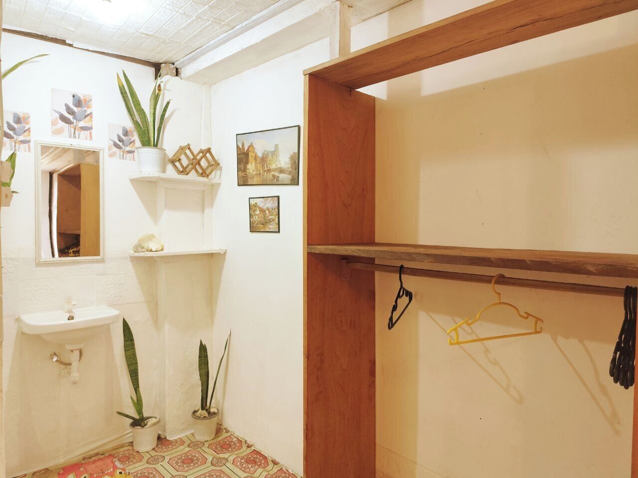 A small bathroom with a sink, mirror, potted plants, and a wooden shelf.