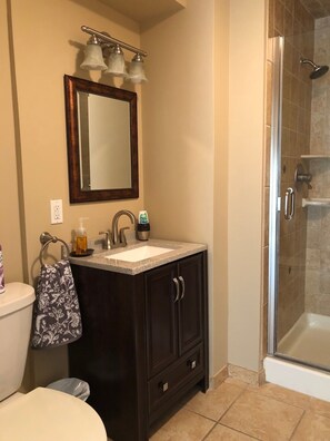 Shower, towels, soap, toilet paper