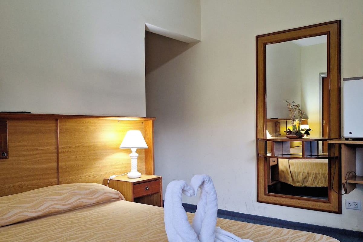 Habitación de hotel con cama, mesita de noche, lámpara, espejo y una escultura de toallas sobre la cama.