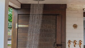Une porte en bois avec une pomme de douche placée au-dessus.