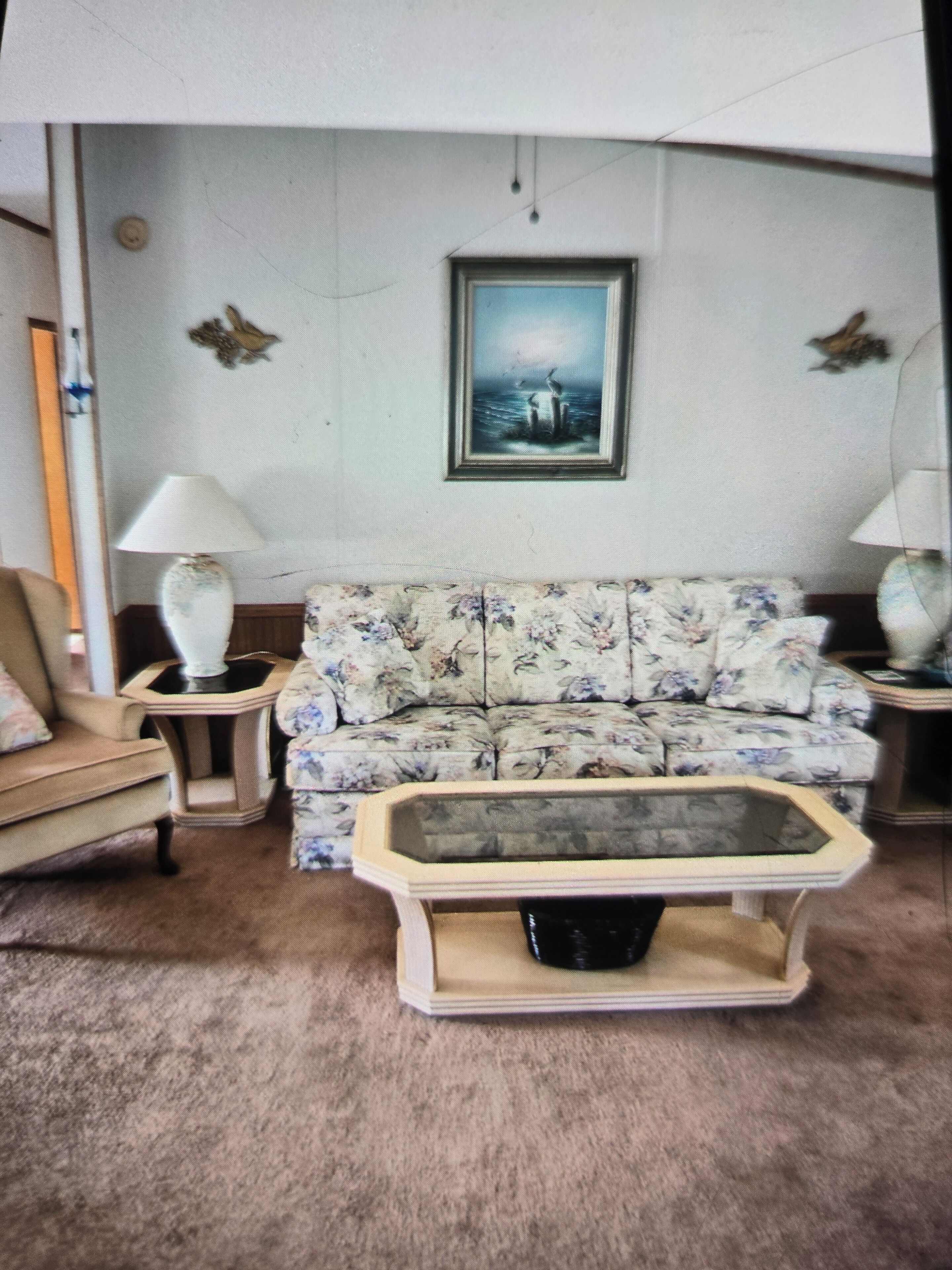 Een woonkamer met een bloemenbank, twee bijzettafeltjes met lampen, een salontafel en een ingelijste foto aan de muur.