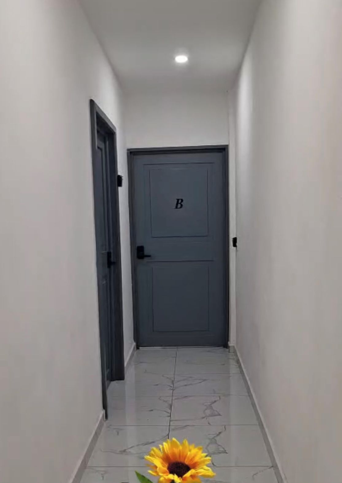 Un couloir avec une porte fermée, marquée d’un « B » et ornée d’un motif de tournesol, ainsi que d’un texte accueillant les visiteurs à The Bello Lodging.