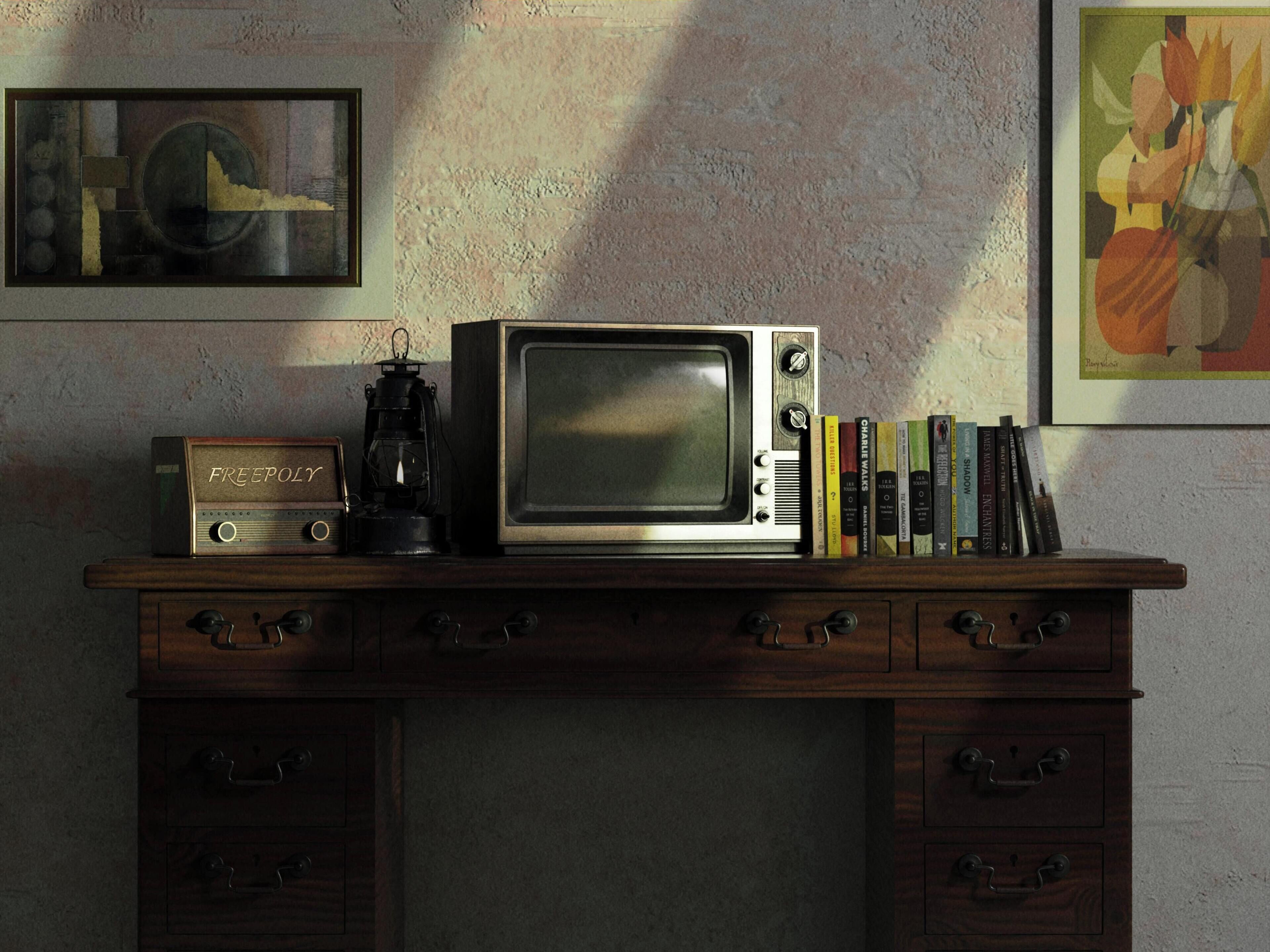 A wooden desk with a vintage radio, a lantern, and a microwave.