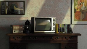 Ein Holztisch mit einem Vintage-Radio, einer Laterne und einer Mikrowelle.