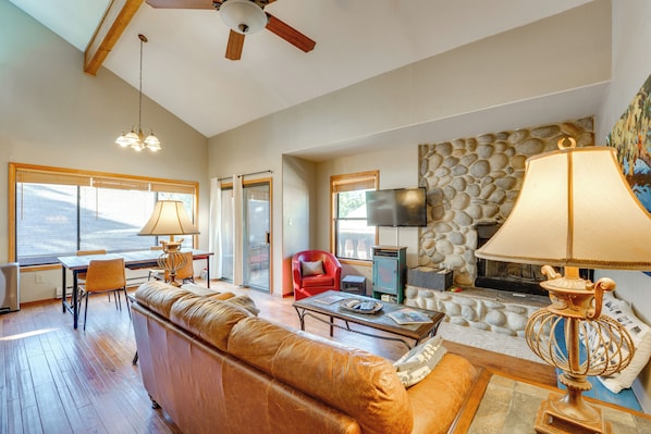 TV, fireplace, books
