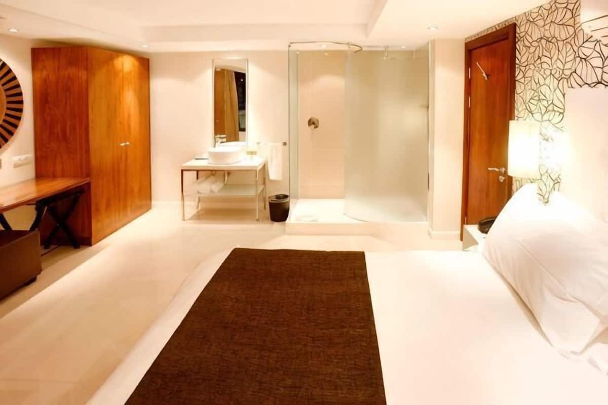 A hotel room with a bed, a bathroom with a sink and mirror, a shower, and a wooden wardrobe.