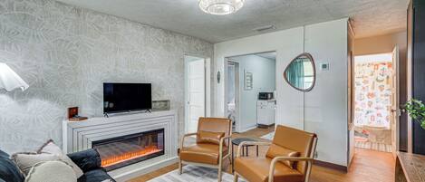 TV, fireplace, books