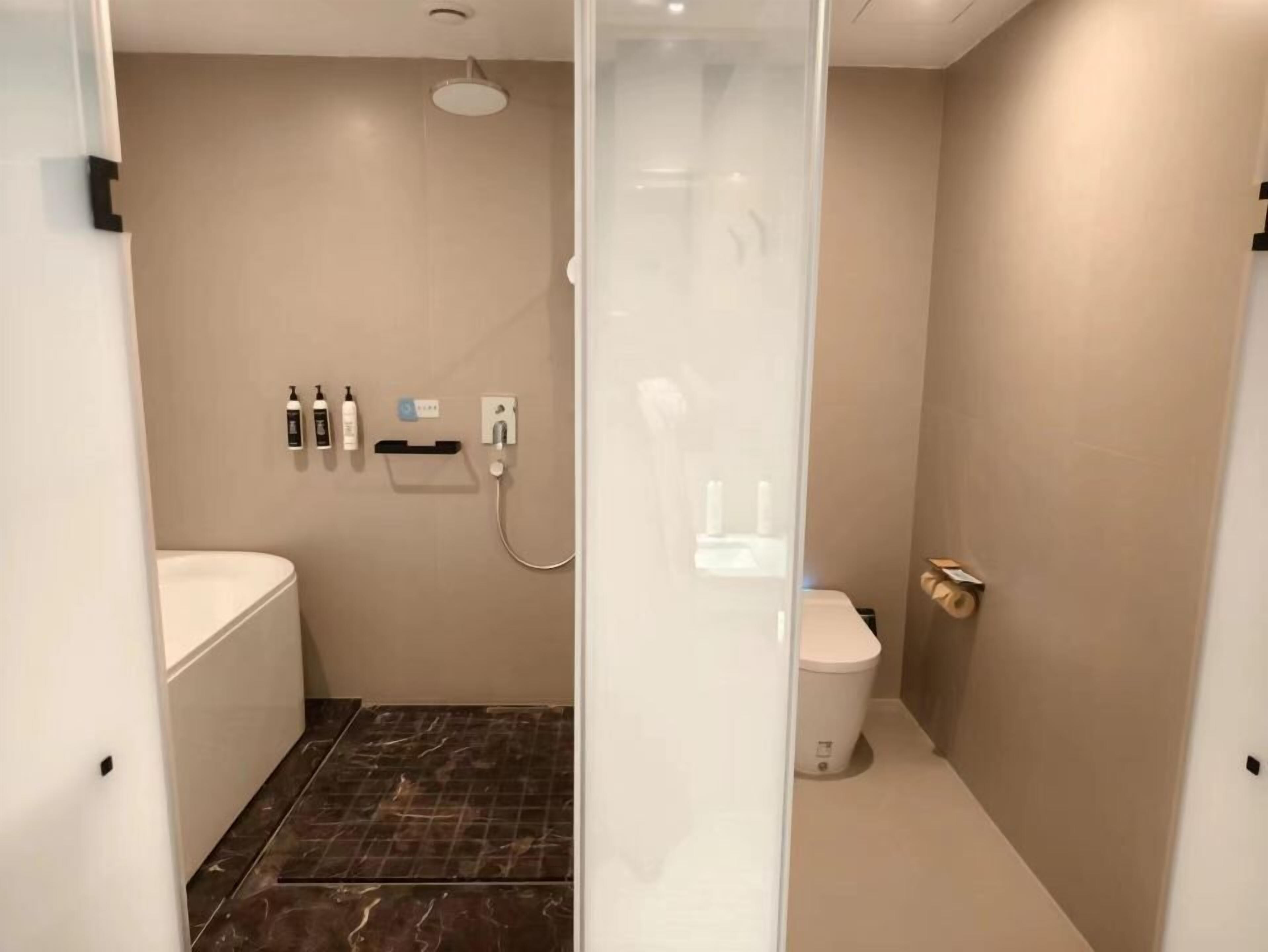 A modern bathroom with a shower, toilet, and a vanity with a mirror.
