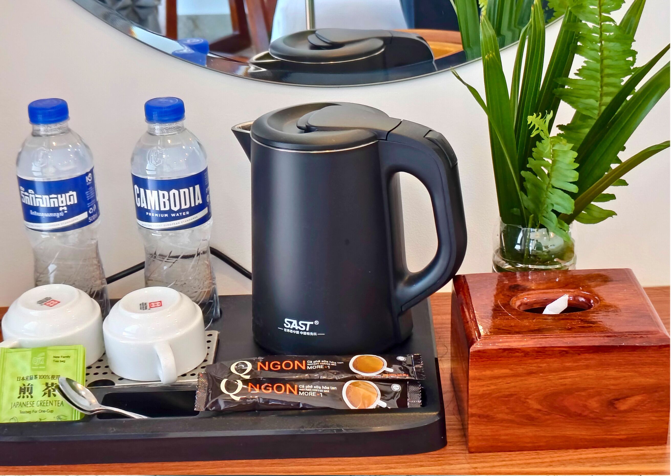 Een koffiezetapparaat, twee waterflessen, een theepot, een zakje groene thee en een plantje op een houten tafel.