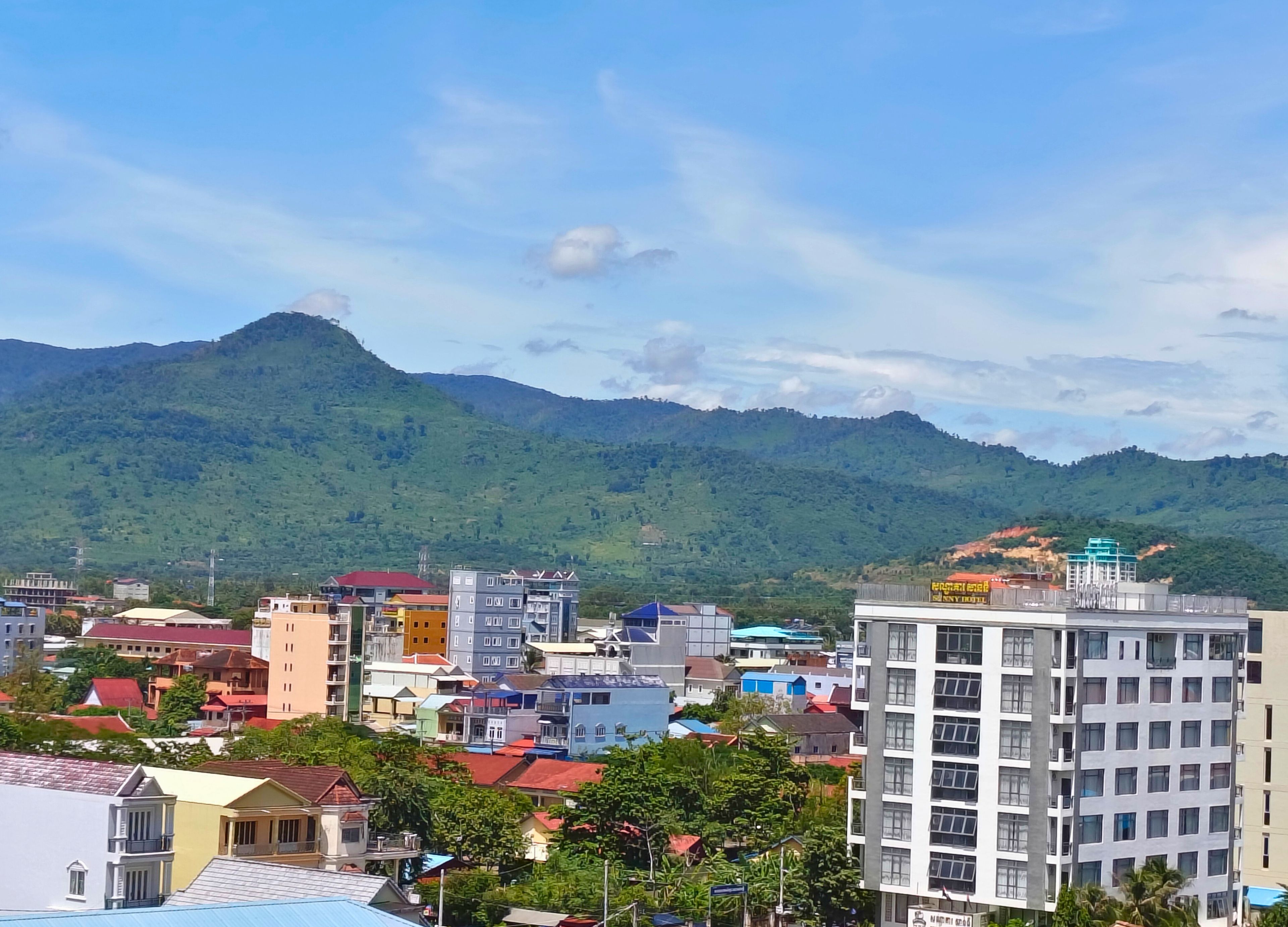 A cityscape with a variety of buildings, including residential and commercial structures, set against a backdrop of green mountains.
