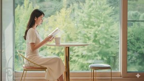 A woman reading a book at a round table by a large window with a view of trees. - Gapyeong Pinenut Pension (Gapyeong)